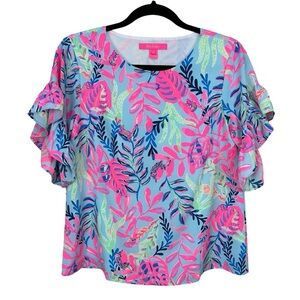 Lilly Pulitzer Darlah Ruffle Sleeve Top in Porto Blue You’ve Been Spotted Sz XS